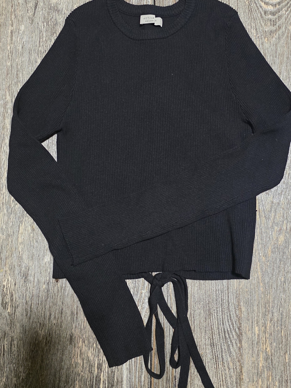 Active USA Black Ribbed Crewneck Tie-Hem Sweater